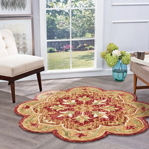 Homeroots 4' Round Rustic Red Scalloped Edge Area Rug  Wool 396172