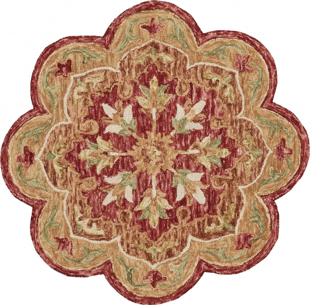 HomeRoots 6' Rustic Red Area Rug - Hand-Hooked Botanical Design with Scalloped Edge for Timeless Elegance 6' Round 396173