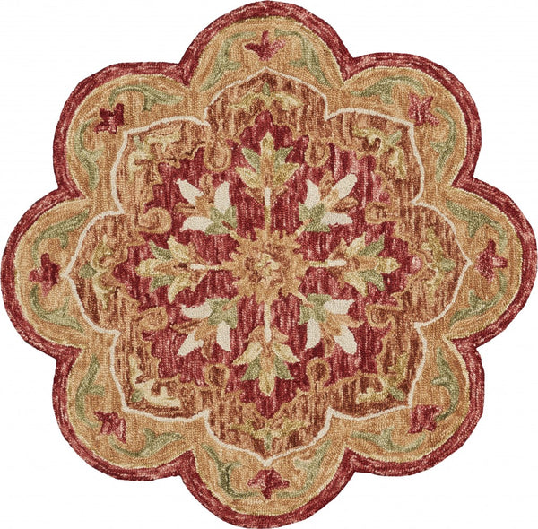 Homeroots 6' Round Rustic Red Scalloped Edge Area Rug  Wool 396173