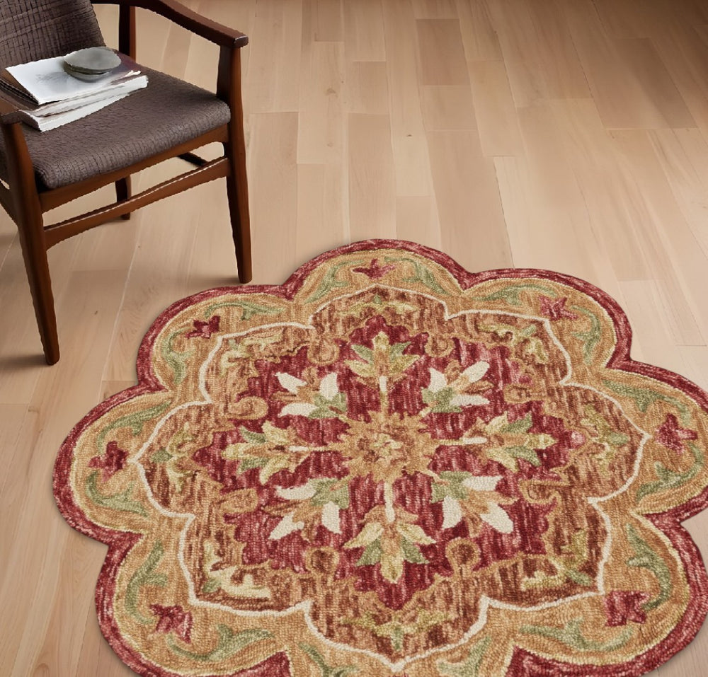 HomeRoots 6' Rustic Red Area Rug - Hand-Hooked Botanical Design with Scalloped Edge for Timeless Elegance 6' Round 396173