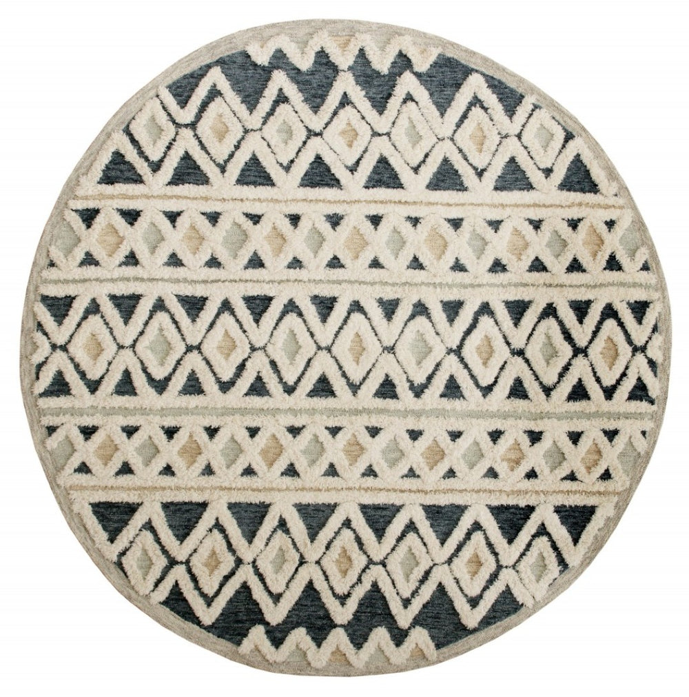 HomeRoots 6' Elegant Blue and Cream Striped Diamonds Area Rug - Hand-Tufted Wool with Bohemian Charm 6' Round 396175