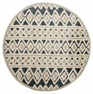 HomeRoots 6' Elegant Blue and Cream Striped Diamonds Area Rug - Hand-Tufted Wool with Bohemian Charm 6' Round 396175