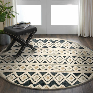 HomeRoots 6' Elegant Blue and Cream Striped Diamonds Area Rug - Hand-Tufted Wool with Bohemian Charm 6' Round 396175