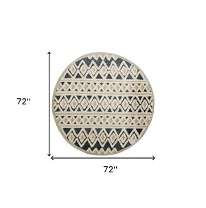 HomeRoots 6' Elegant Blue and Cream Striped Diamonds Area Rug - Hand-Tufted Wool with Bohemian Charm 6' Round 396175