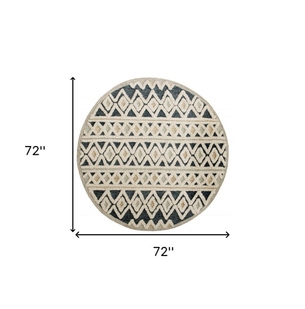 HomeRoots 6' Elegant Blue and Cream Striped Diamonds Area Rug - Hand-Tufted Wool with Bohemian Charm 6' Round 396175
