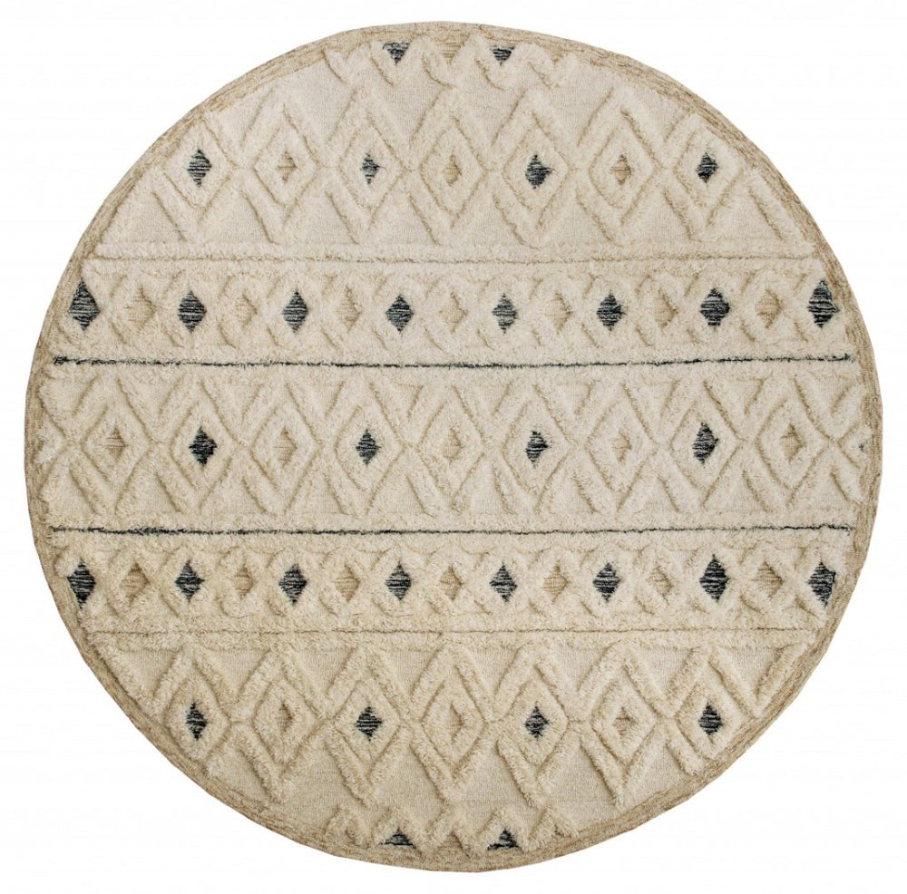 HomeRoots 6' Cream and Blue Tufted Diamonds Area Rug - Luxurious Wool, Cozy Style for Modern Interiors 6' Round 396177