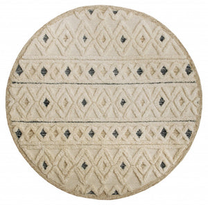 HomeRoots 6' Cream and Blue Tufted Diamonds Area Rug - Luxurious Wool, Cozy Style for Modern Interiors 6' Round 396177