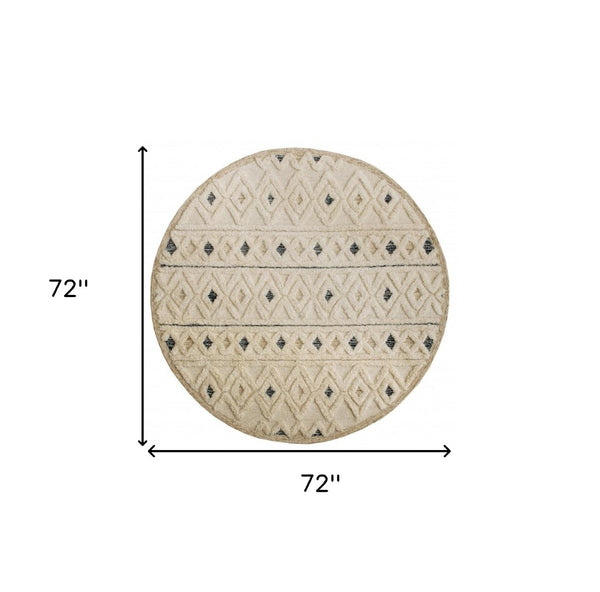 HomeRoots 6' Cream and Blue Tufted Diamonds Area Rug - Luxurious Wool, Cozy Style for Modern Interiors 6' Round 396177
