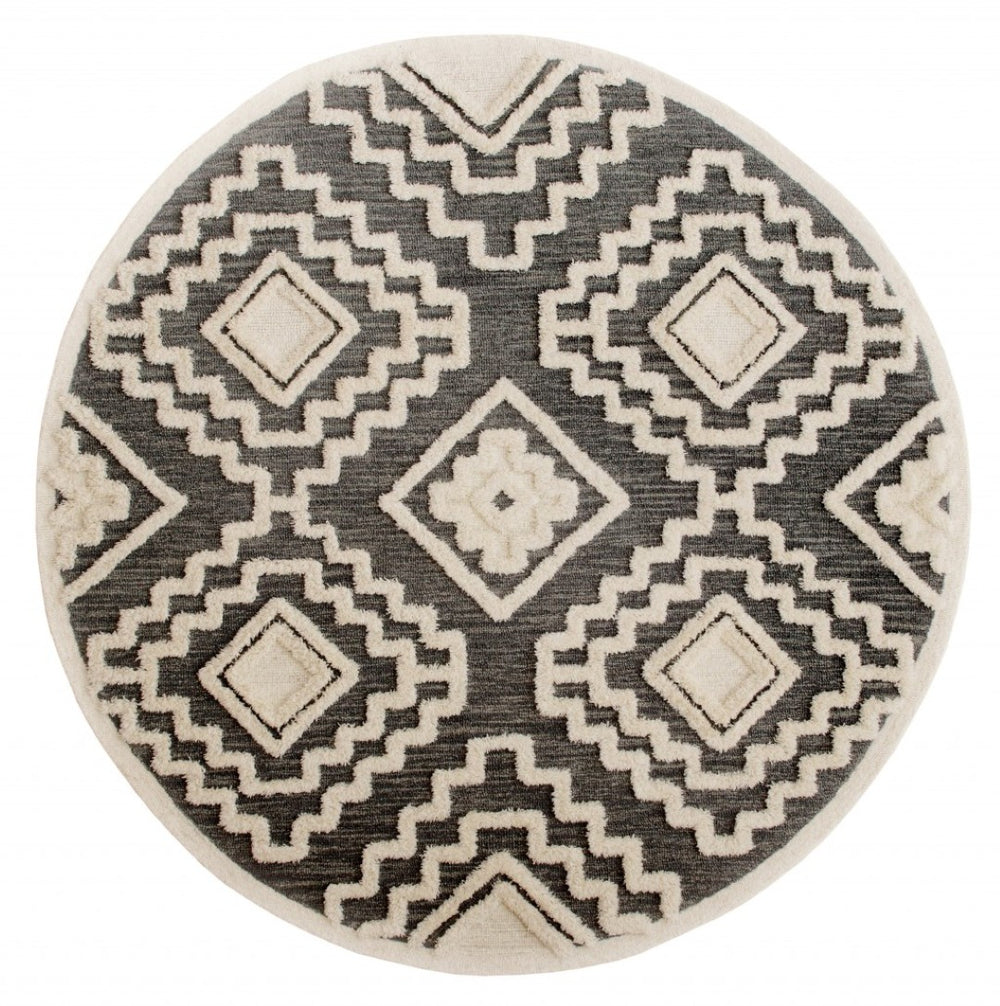 HomeRoots 6' Geometric Gray and Cream Wool Area Rug – Hand-Tufted Luxury for Modern Living Spaces 6' Round 396179