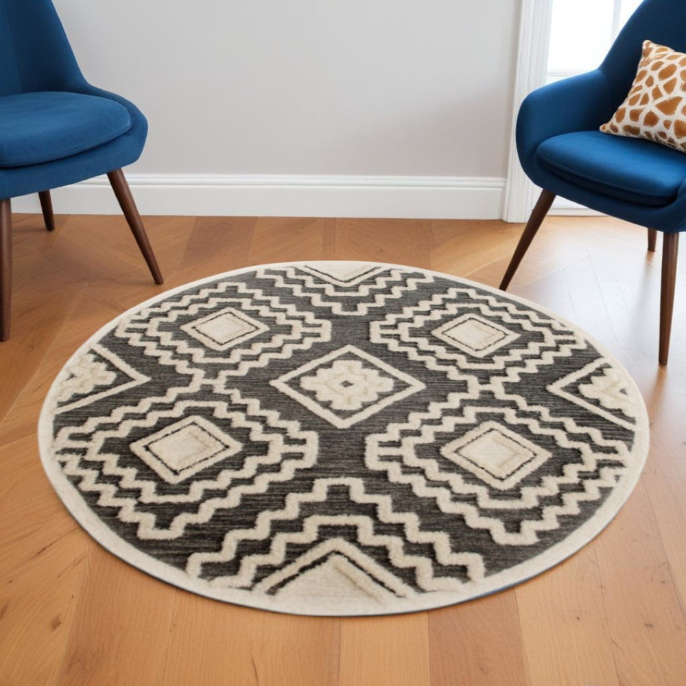 HomeRoots 6' Geometric Gray and Cream Wool Area Rug – Hand-Tufted Luxury for Modern Living Spaces 6' Round 396179