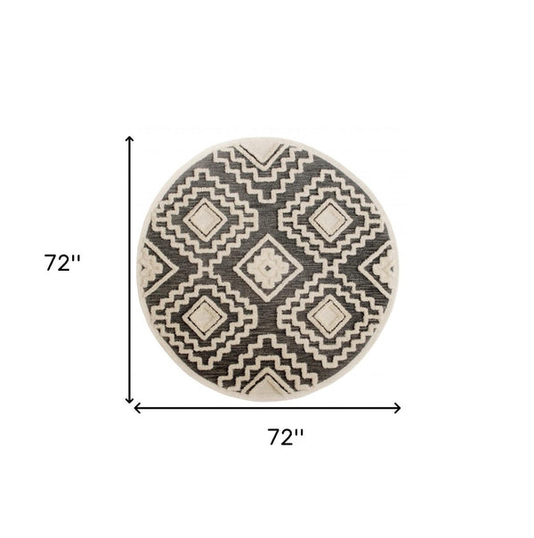 HomeRoots 6' Geometric Gray and Cream Wool Area Rug – Hand-Tufted Luxury for Modern Living Spaces 6' Round 396179