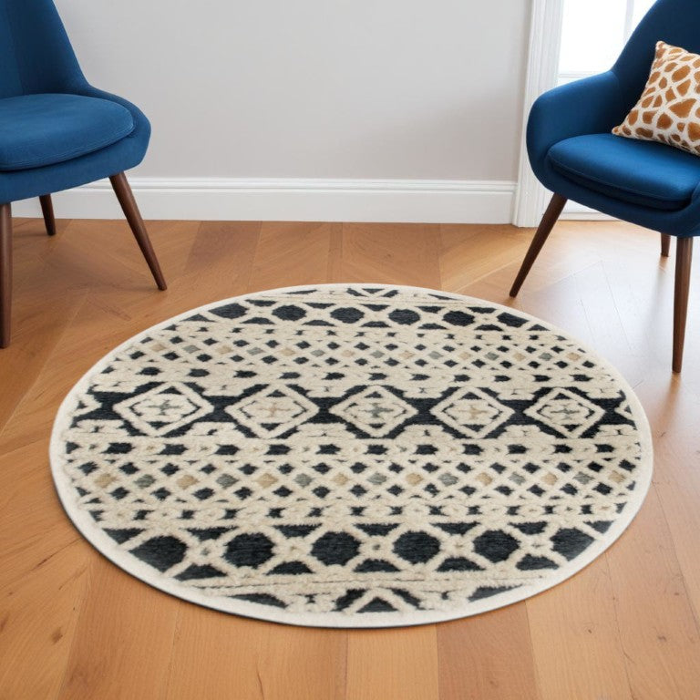 6 Foot Round Wool Area Rug Hand Tufted Artisan Craft Blue Ivory Living Room Accent