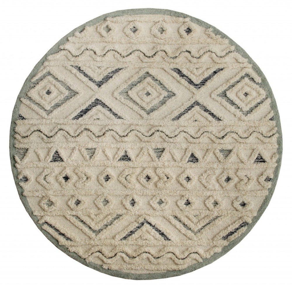 HomeRoots 6' Modern Geometric Area Rug in Cream and Deep Gray - Hand-Tufted Wool for Stylish Warmth & Durability 6' Round 396183