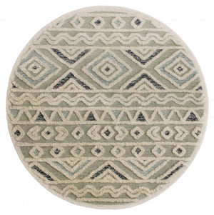 HomeRoots 6' Modern Geometric Area Rug in Cream and Sage – Handcrafted Wool for Comfort and Style 6' Round 396185