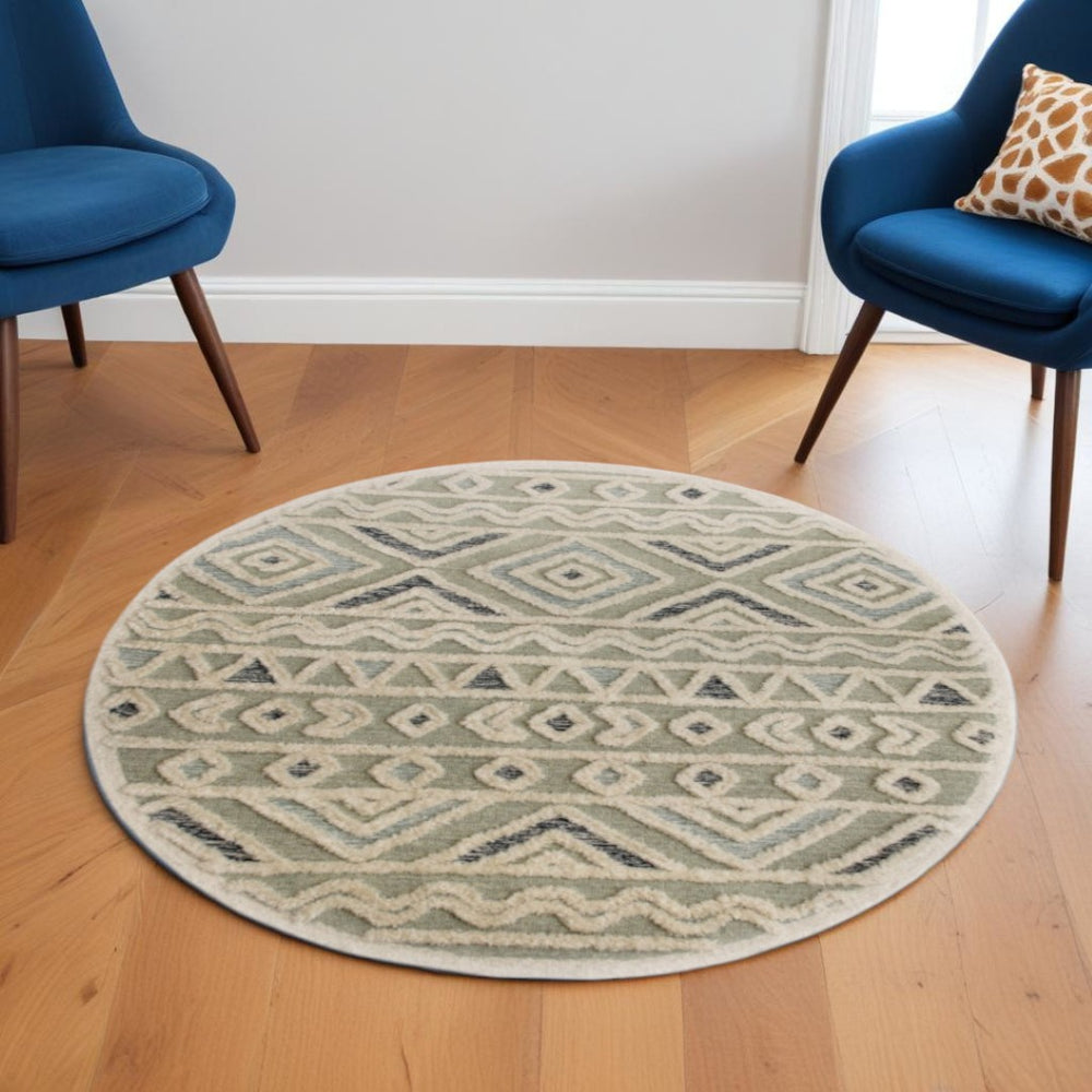 HomeRoots 6' Modern Geometric Area Rug in Cream and Sage – Handcrafted Wool for Comfort and Style 6' Round 396185