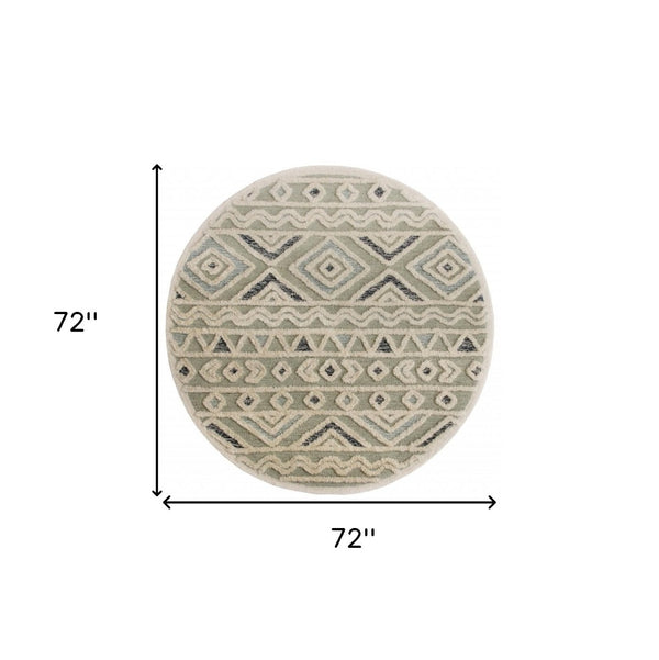 HomeRoots 6' Modern Geometric Area Rug in Cream and Sage – Handcrafted Wool for Comfort and Style 6' Round 396185