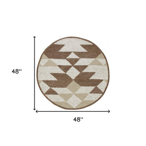 Homeroots 4' Round Brown Bohemian Geometric Area Rug  Wool 396186