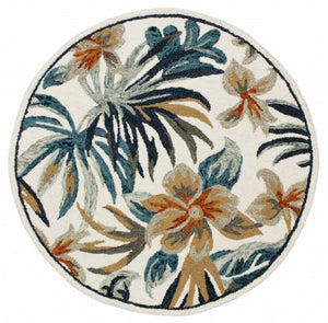 HomeRoots 6' Tropical Area Rug in Blue and White - Hand-Tufted Wool with Vibrant Floral Design for Coastal Charm 6' Round 396189