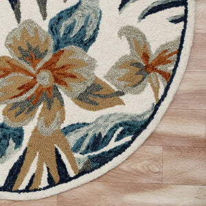 HomeRoots 6' Tropical Area Rug in Blue and White - Hand-Tufted Wool with Vibrant Floral Design for Coastal Charm 6' Round 396189