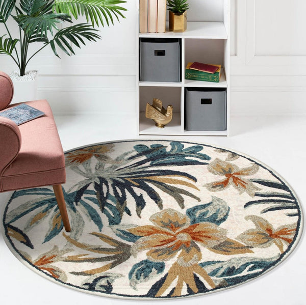 HomeRoots 6' Tropical Area Rug in Blue and White - Hand-Tufted Wool with Vibrant Floral Design for Coastal Charm 6' Round 396189