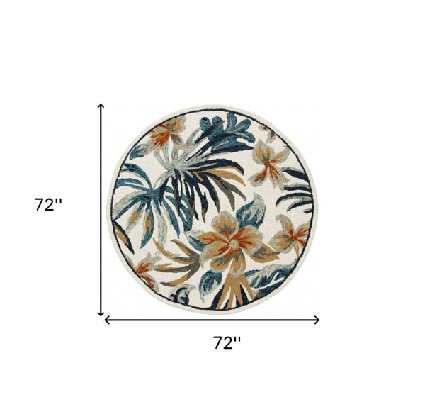 HomeRoots 6' Tropical Area Rug in Blue and White - Hand-Tufted Wool with Vibrant Floral Design for Coastal Charm 6' Round 396189
