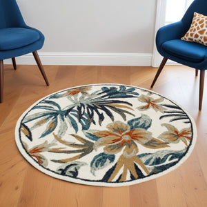 HomeRoots 6' Tropical Area Rug in Blue and White - Hand-Tufted Wool with Vibrant Floral Design for Coastal Charm 6' Round 396189