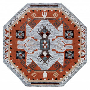 HomeRoots 4' Terracotta Tribal Area Rug - Hand-Tufted Wool with Geometric Motifs for Global-Inspired Style 4' Round 396190