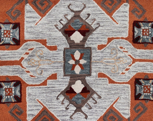 HomeRoots 4' Terracotta Tribal Area Rug - Hand-Tufted Wool with Geometric Motifs for Global-Inspired Style 4' Round 396190