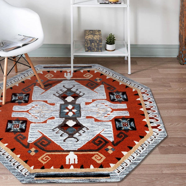 HomeRoots 4' Terracotta Tribal Area Rug - Hand-Tufted Wool with Geometric Motifs for Global-Inspired Style 4' Round 396190