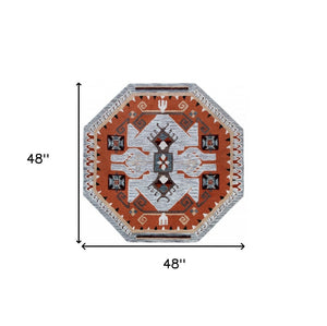 HomeRoots 4' Terracotta Tribal Area Rug - Hand-Tufted Wool with Geometric Motifs for Global-Inspired Style 4' Round 396190