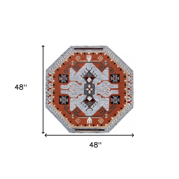 HomeRoots 4' Terracotta Tribal Area Rug - Hand-Tufted Wool with Geometric Motifs for Global-Inspired Style 4' Round 396190