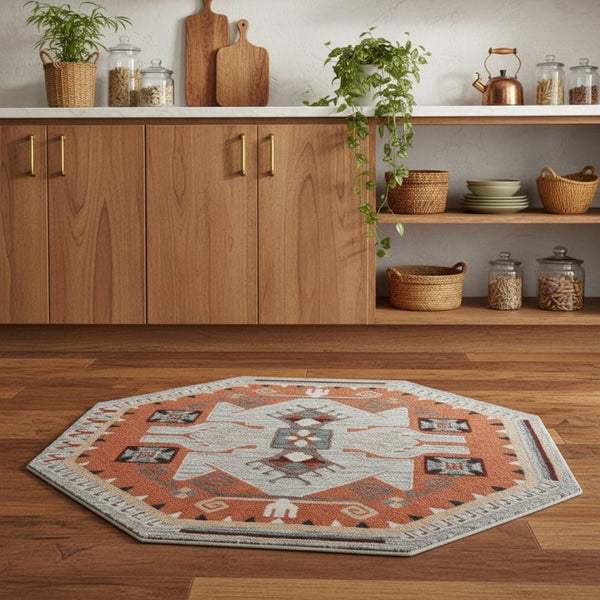 HomeRoots 4' Terracotta Tribal Area Rug - Hand-Tufted Wool with Geometric Motifs for Global-Inspired Style 4' Round 396190