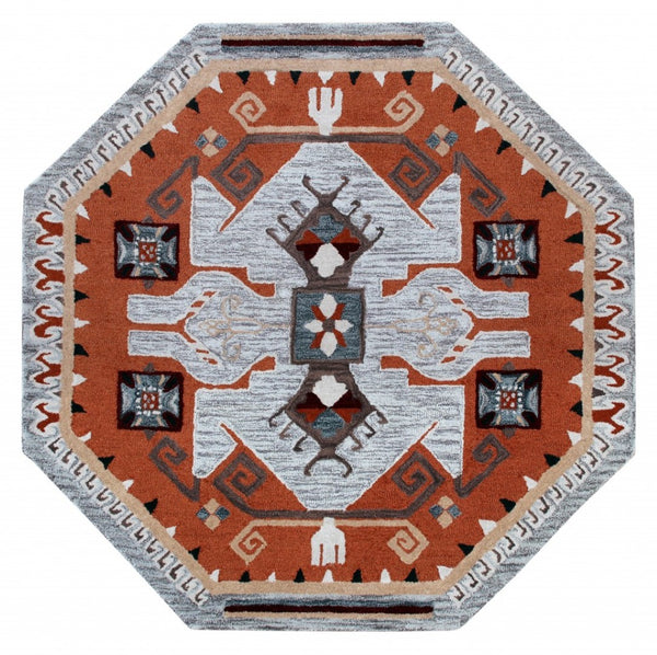 HomeRoots 4' Terracotta Tribal Area Rug - Hand-Tufted Wool with Geometric Motifs for Global-Inspired Style 6' Round 396191
