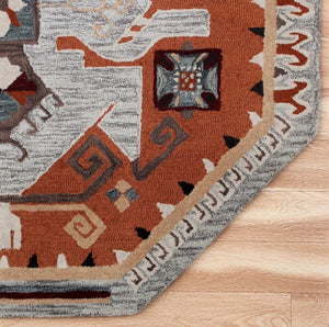 HomeRoots 4' Terracotta Tribal Area Rug - Hand-Tufted Wool with Geometric Motifs for Global-Inspired Style 6' Round 396191