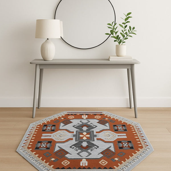 HomeRoots 4' Terracotta Tribal Area Rug - Hand-Tufted Wool with Geometric Motifs for Global-Inspired Style 6' Round 396191