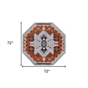 HomeRoots 4' Terracotta Tribal Area Rug - Hand-Tufted Wool with Geometric Motifs for Global-Inspired Style 6' Round 396191