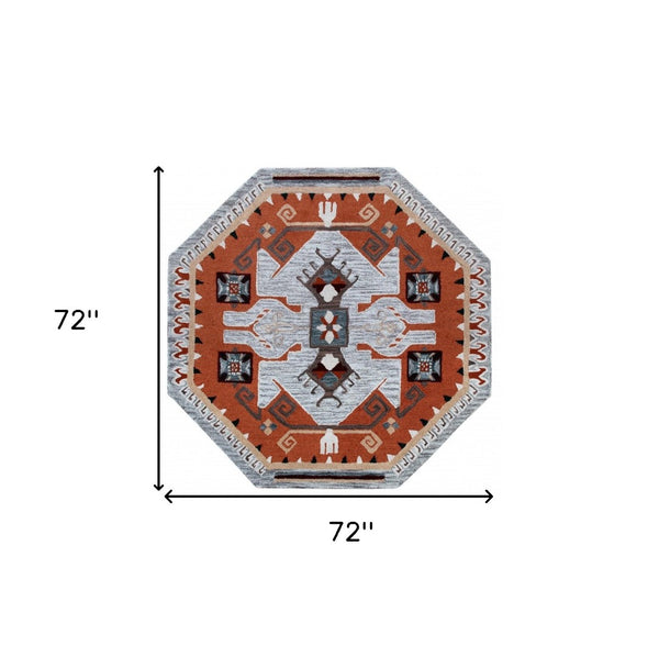 HomeRoots 4' Terracotta Tribal Area Rug - Hand-Tufted Wool with Geometric Motifs for Global-Inspired Style 6' Round 396191