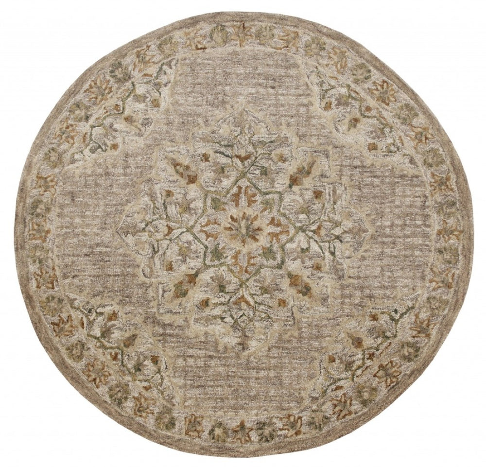 HomeRoots 4' Distressed Beige Medallion Area Rug - Timeless Floral Design for Cozy Traditional Spaces 4' Round 396192