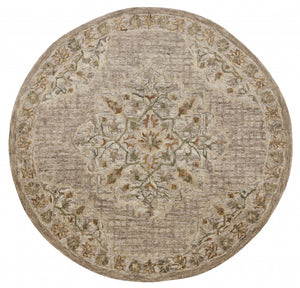HomeRoots 4' Distressed Beige Medallion Area Rug - Timeless Floral Design for Cozy Traditional Spaces 4' Round 396192