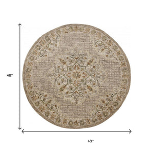 HomeRoots 4' Distressed Beige Medallion Area Rug - Timeless Floral Design for Cozy Traditional Spaces 4' Round 396192
