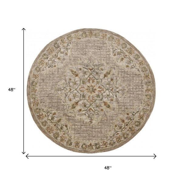 HomeRoots 4' Distressed Beige Medallion Area Rug - Timeless Floral Design for Cozy Traditional Spaces 4' Round 396192