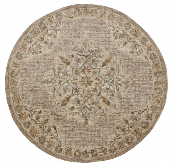 HomeRoots 4' Distressed Beige Medallion Area Rug - Timeless Floral Design for Cozy Traditional Spaces 6' Round 396193