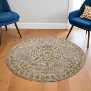 HomeRoots 4' Distressed Beige Medallion Area Rug - Timeless Floral Design for Cozy Traditional Spaces 6' Round 396193