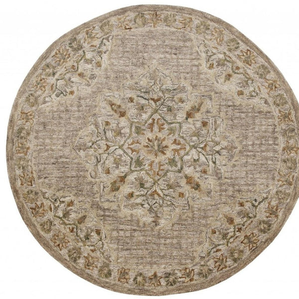 HomeRoots 4' Distressed Beige Medallion Area Rug - Timeless Floral Design for Cozy Traditional Spaces 6' Round 396193