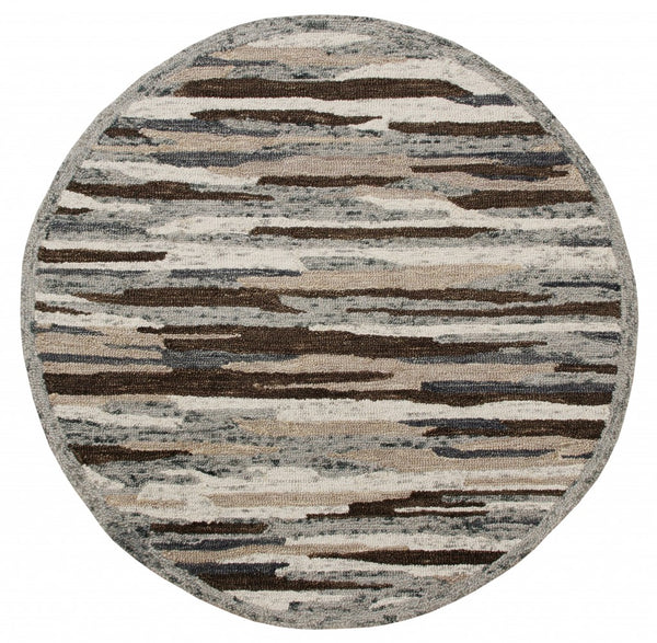 Homeroots 4' Round Brown And Gray Camouflage Area Rug  Wool 396194