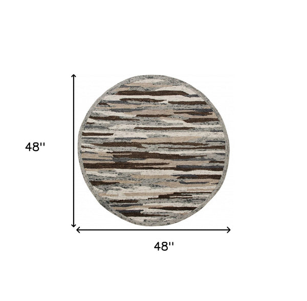 Homeroots 4' Round Brown And Gray Camouflage Area Rug  Wool 396194
