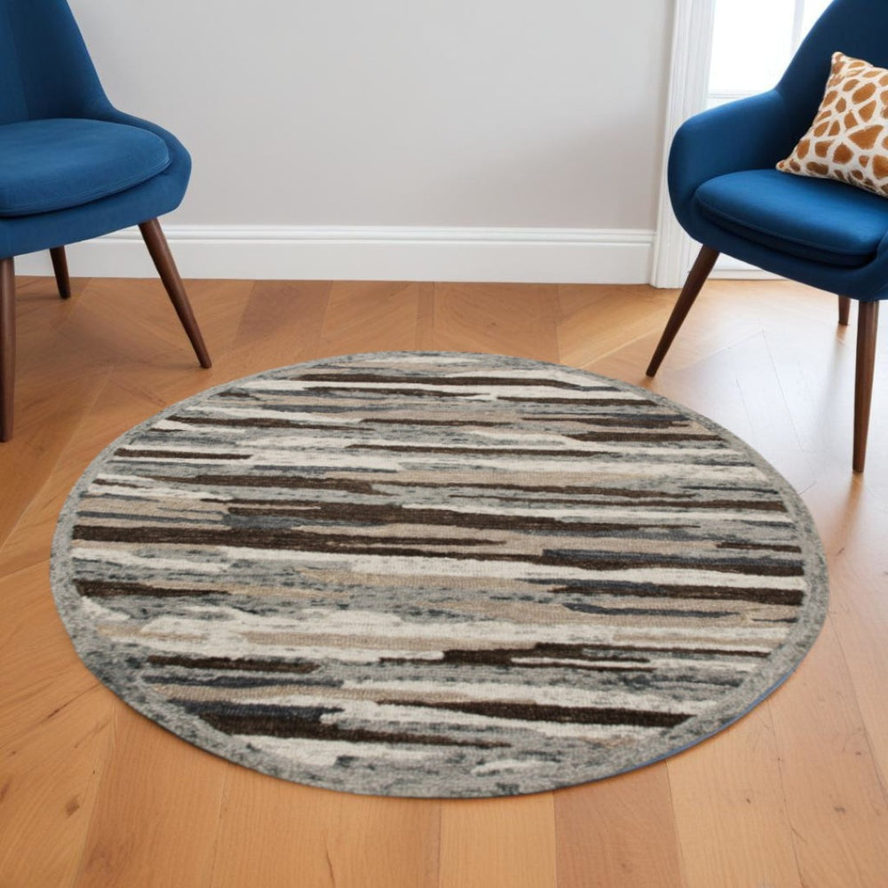 HomeRoots 6' Hand-Tufted Wool Area Rug in Gray and Brown – Soft, Durable, and Perfect for Any Room Decor 6' Round 396195