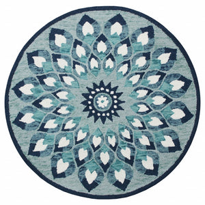 Homeroots 4' Round Blue And White Floral Feather Area Rug  Wool 396198