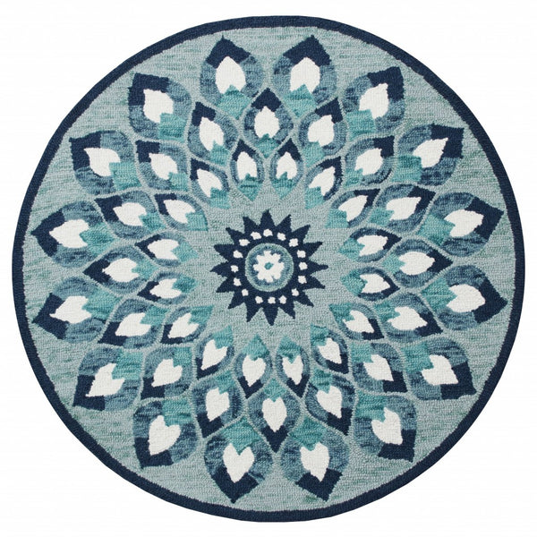 Homeroots 4' Round Blue And White Floral Feather Area Rug  Wool 396198