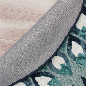 Homeroots 4' Round Blue And White Floral Feather Area Rug  Wool 396198